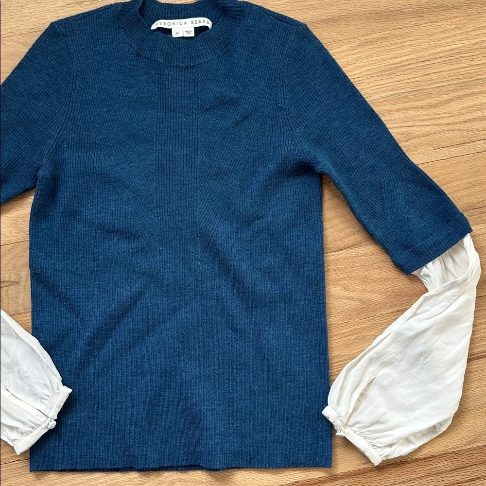 Veronica Beard mixed fabric top/ blue wool crewneck sweater & silk sleeves sz XS